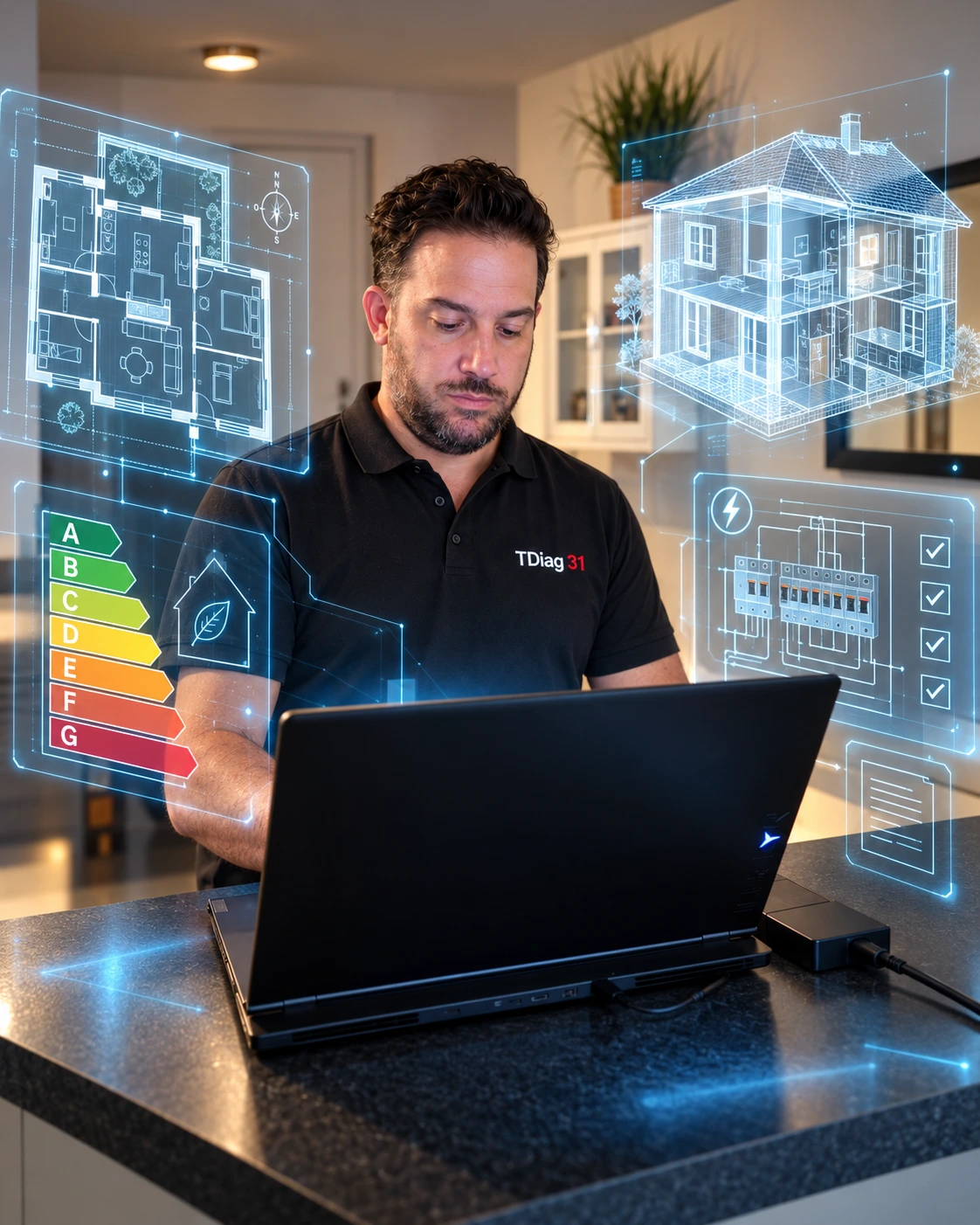 Pascal devant son ordinateur, entouré de plans et de visualisations holographiques du diagnostic immobilier
