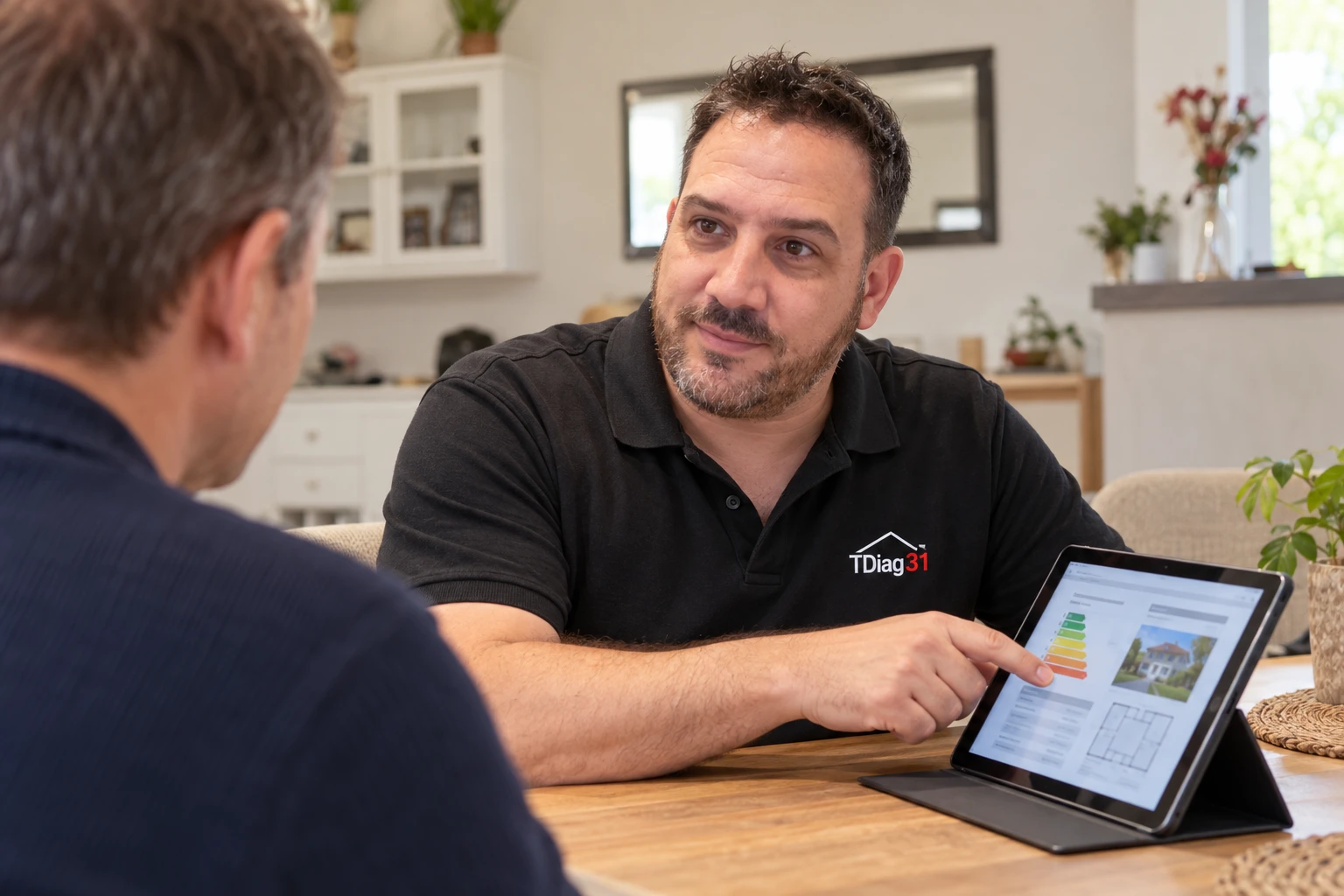 Pascal explique le rapport sur tablette à un client
