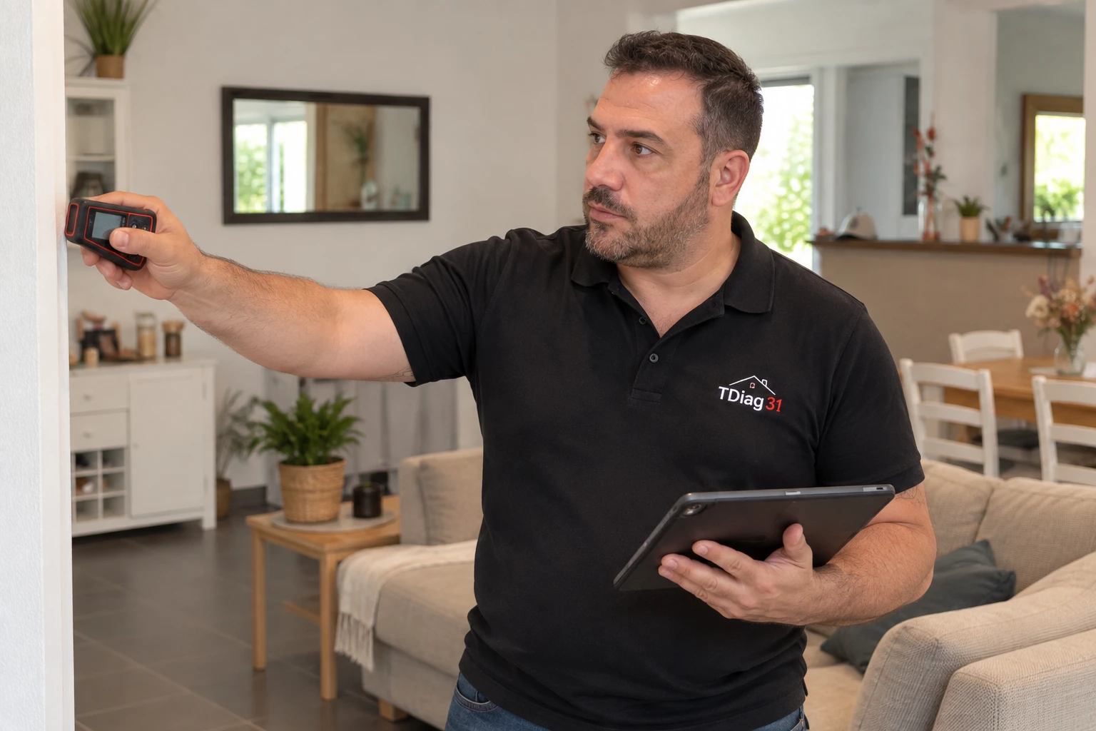Pascal prend les mesures du logement avec un télémètre